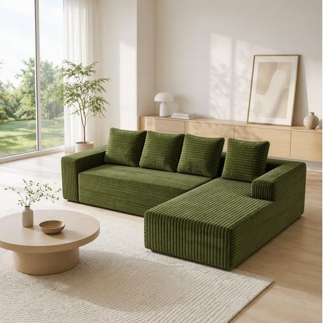 Canapé modulaire d'angle avec méridienne à gauche en velours côtelé vert 261 cm OKWISH (1/5)