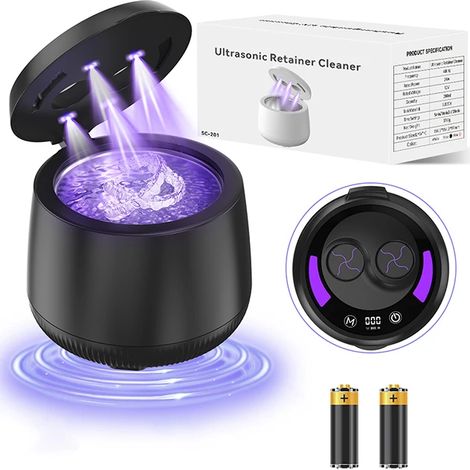 (Noir) Nettoyeur à ultrasons, 48 kHz, avec minuterie numérique et lampe UV, nettoyage en profondeur de 200 ml. (1/5)