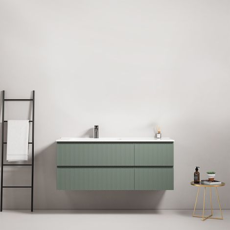 Mobile bagno sospeso cannettato 120 cm Verde Salvia Lavabo a Sinistra in Ceramica Senza Specchio - Fiji Paint (1/3)