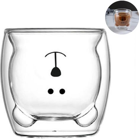 Tasse À Café En Verre Double Paroi - Tasse À Lait Avec Poignée Et Motif Ours - 250 ml (1/5)