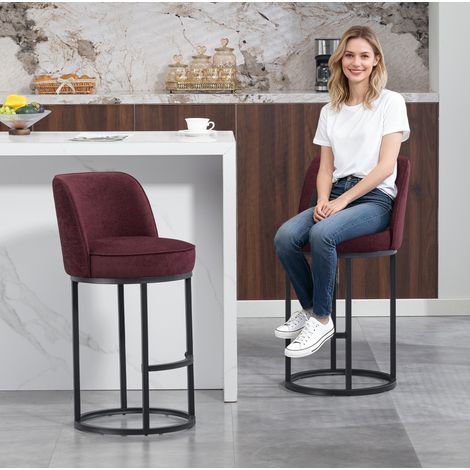 Barhocker 46.5x49.5x88.5 cm Weinrot aus Leinen mit Metallgestell, gepolstert, ergonomischer Rückenlehne und Fußstütze (1/5)