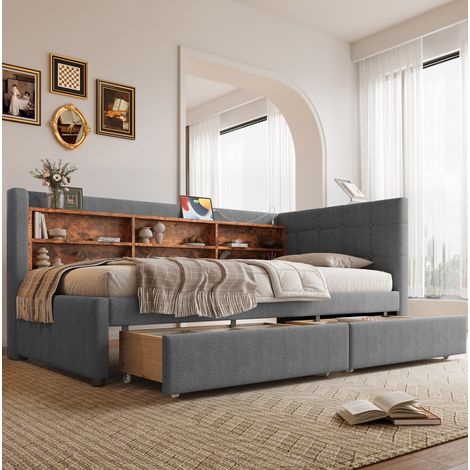lit adulte daybed rangement 90x200 USB Type C lin gris OKMYHOME (1/5)