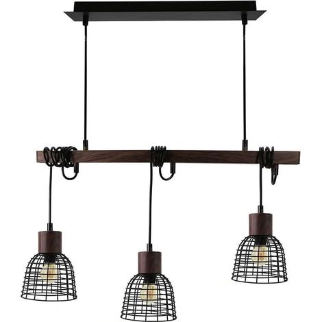 Lampada Sospensione 3 Luci Metallo Legno Nero 65 cm (1/5)