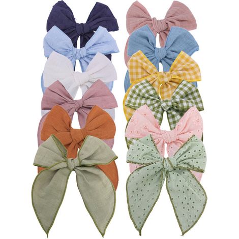 Set mit 12 Farben, bestickter Bordüre, großer Schleifenspange, Haarschmuck für Babys und kleine Mädchen, aus Baumwolle und Leinen, grüne Stickerei