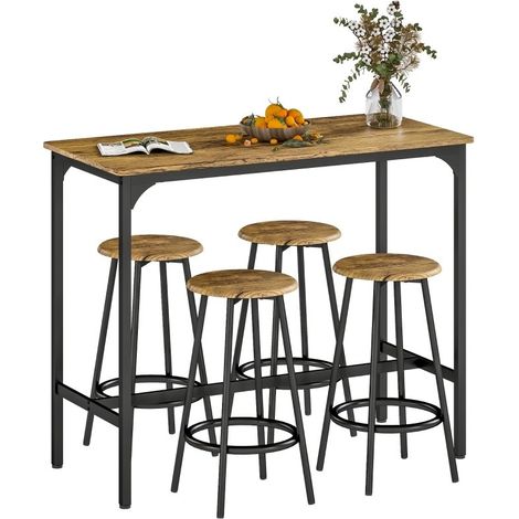 Ensemble table de bar industrielle 5 pièces, marron et noir. Style robuste, idéal pour votre cuisine ou salon (1/5)