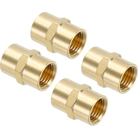 1/4" x 1/4" NPT Brass Coupler Fitting, 4 Pack Female Hex Head Pipe Fitting for Household Plumbing Pipes Shower Head Bases, Gold (1/5)