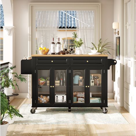 Carrello da cucina 140/44,5/90 cm nero con ruote e vetrine, piano estraibile e ampio spazio contenitore (1/5)