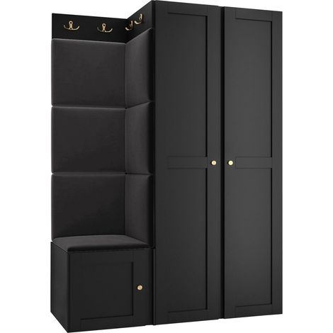 Meuble d'entrée Hartford 379, Noir, 186x116x46cm, MDF, Stratifié, Tissu, Murale, À poser