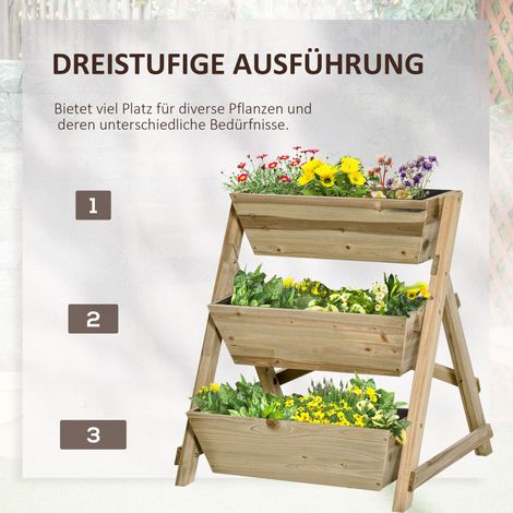 Jardinière surélevée en bois naturel, échelle florale 3 niveaux, support pour plantes, étagère à fleurs, pot de fleurs, dimensions 71x61x77 cm (1/4)