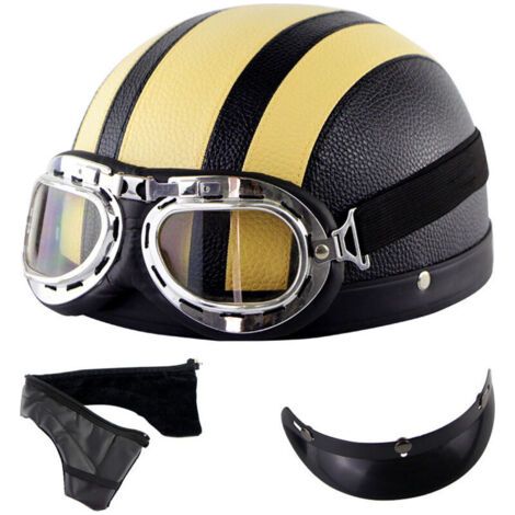 Mezzo casco da motociclista in pelle vintage nera e gialla con occhiali (1/3)