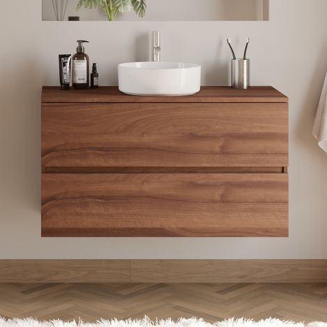 Meuble de salle de bain 90cm avec plateau et vasque à poser ronde - 2 tiroirs - sans miroir - noyer (bois foncé) - IDA (1/5)
