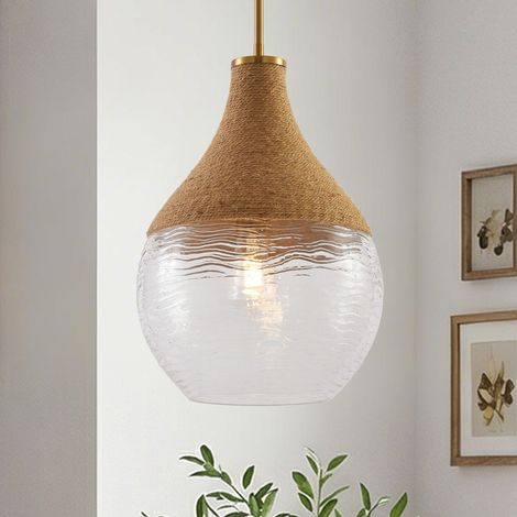 Suspension Corde Naturelle et Verre Strié 33 cm, Lustre Plafond Bohème Chic avec Abat-jour Texturé E27 pour Salle à Manger Salon Cuisine Entrée, Parrot Uncle (1/5)