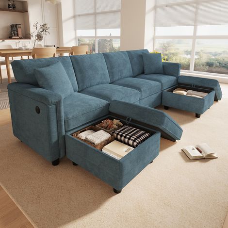 Sofá modular de chenilla azul 261 x 134 cm, 2 pufs con almacenaje, USB y Tipo-C REDOM (1/5)