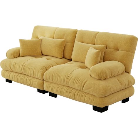 Canapé d’angle Cloud pour salon, canapé deux places en chenille avec 2 coussins lombaires et 2 coussins décoratifs, structure en bois massif, jaune (1/5)