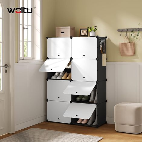 Woltu – Meuble à chaussures empilable pour 32 paires – 8 compartiments – Structure en métal et panneaux PP – Dimensions 94 x 144 x 36,5 cm – Couleur noir (1/5)
