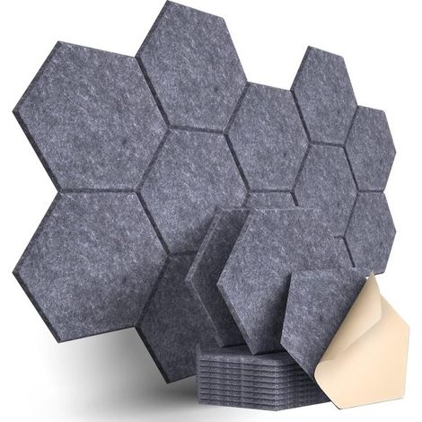 12 paneles aislantes acústicos hexagonales, cuadrados y de forma irregular: adhesivos de pared, absorción acústica decorativa de fibras poliéster (1/5)