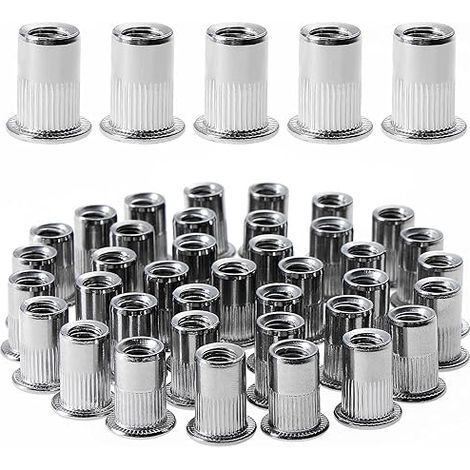 GROOFOO 100 Pcs M5×10.5 Écrou À Rivet Fileté À Tête Plate,Écrous À Riveter Fileter En Acier Inoxydable,Assortiment Inserts Filetés Pour Metal Plastique(Argent 10.5mm×10mm)
