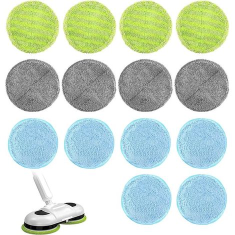 Tampons de rechange en microfibre pour balais rotatifs, lot de 14, diamètre 16 cm, comprenant un tampon à récurer et un tampon en microfibre pour un nettoyage efficace. (1/5)