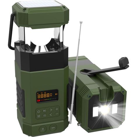 DF-585 AM Radio FM à manivelle avec haut-parleur Bluetooth, lampe de camping, solaire, fonction de charge de téléphone portable, 3 modes d'éclairage, étanche IP65, lampe de poche, lumière