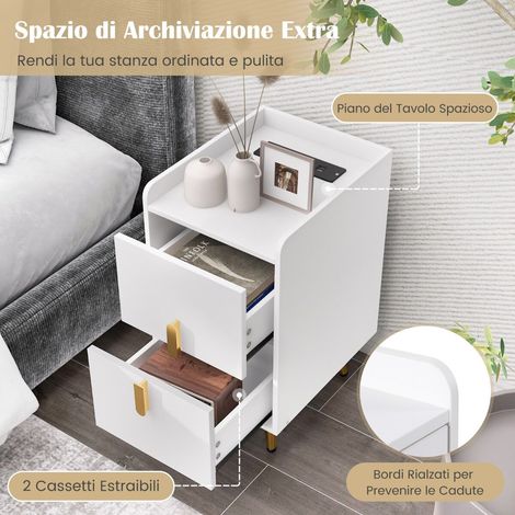 Table de chevet blanche étroite 40 x 32 x 60 cm avec 2 tiroirs et station de charge avec 3 prises et 2 ports USB pour chambre et (1/5)