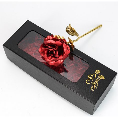 Rose éternelle en or rose, rose scintillante, coffret cadeau, rose rouge romantique, boîte de présentation noire et ruban de raphia offert.