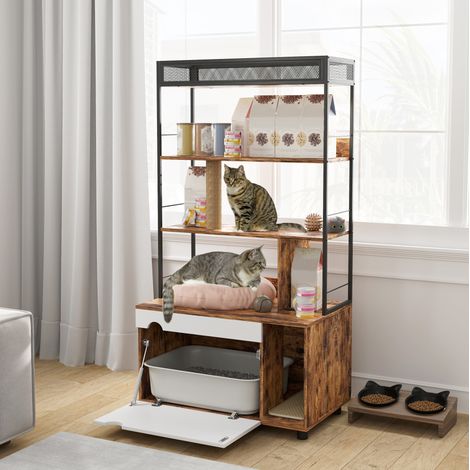 Armadio per lettiera per gatti 2 in 1 con scaffale a 3 ripiani, tiragraffi, marrone OKMYHOME (1/5)
