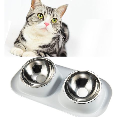 Haustier-Doppelnapf, Edelstahl, verdrehsicher, Nackenschutz, Katzennapf, auslaufsicher, Grau