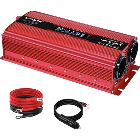 Convertisseur 24V 220V 1500W/3000W Convertisseur de Tension avec écran LCD, 2 Prises UE, USB 5V et Allume Cigare de Voiture, Rouge (1/5)
