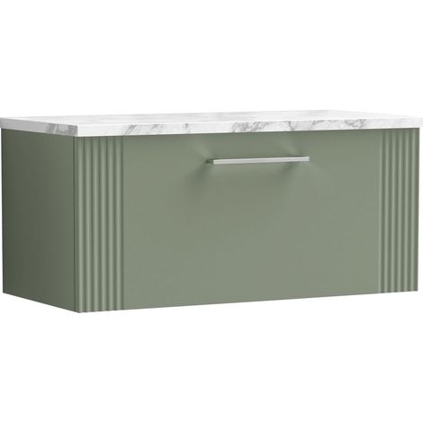 Belvide Partial Fluted 1 Drawer Wall Hung Vanity Unit with Carrera Marble Laminate Worktop - 800mm - Satin Green