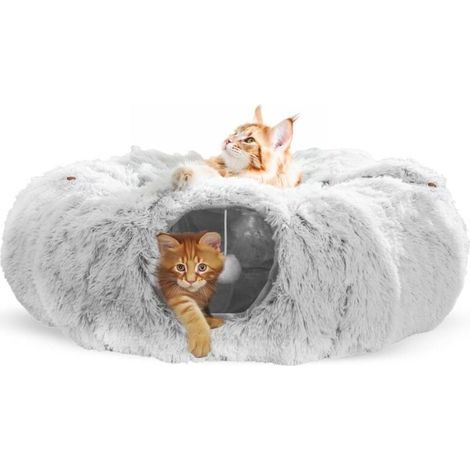 Tunnel pour chat rond avec coussin – 90 cm de long – Matériau doux et pelucheux – Pour chats et petits animaux jusqu'à 10 kg (1/5)