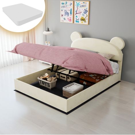 Letto contenitore moderno imbottito beige 140x200 cm con testiera rivestita, struttura in metallo e materasso incluso (1/5)