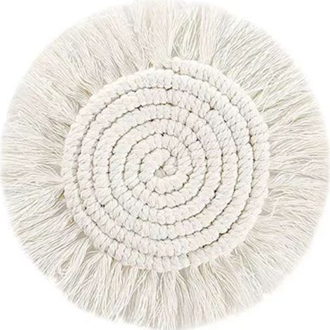 Posavasos redondo de macramé de algodón trenzado hecho a mano, estilo bohemio, antideslizante y reutilizable, para utensilios de cocina, color blanco. (1/4)