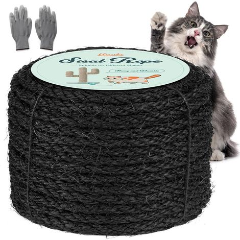 Corde en Sisal Naturelle Noire, 8mm x 60M - 1 Paire de Gants de Protection Corde Arbre à Chat Noir- Réparation et Remplacement de Chat Scratch Pilier Déco de Bricolage (1/5)