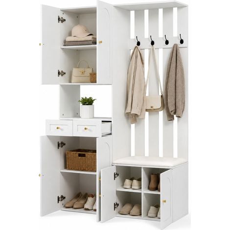 CHICFURN Mueble recibidor 110x37x180 cm de aglomerado blanco zapatero banco y 4 ganchos (1/5)