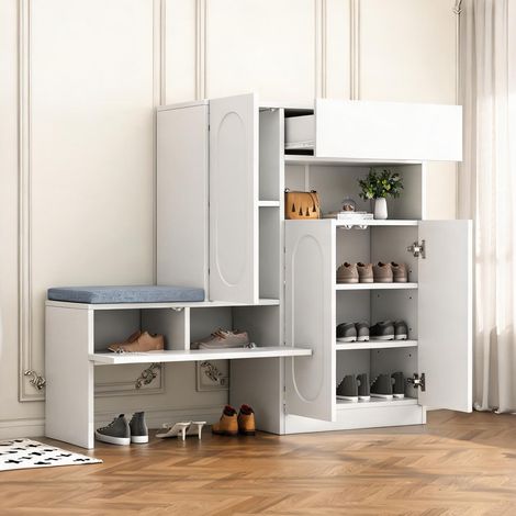 Meuble à chaussures 130 cm avec rangement et banquette blanche (1/5)