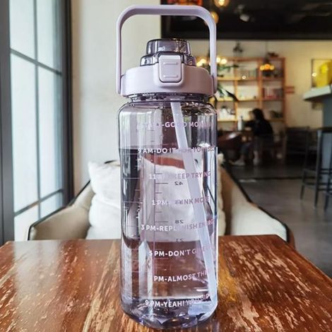 Gourde d'eau potable 2L, gourde de sport, gourde avec paille, gourde avec marquage du temps, violet transparent (1/3)