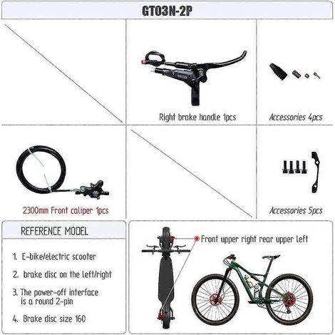 Frein à disque hydraulique gauche Goodtaste GT03N pour VTT électrique, Power Off XOD, tube d'huile long, 2100 160 140, levier de frein à pince - avant droit (1/5)