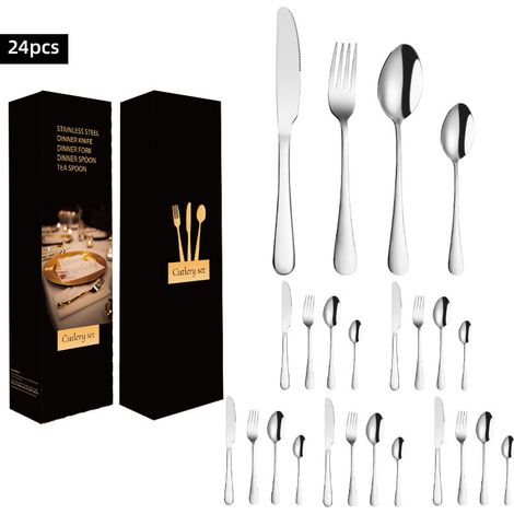 (Ensemble de 24 pièces - argent) Ensemble de couverts en acier inoxydable comprenant couteaux, fourchettes et cuillères en acier inoxydable