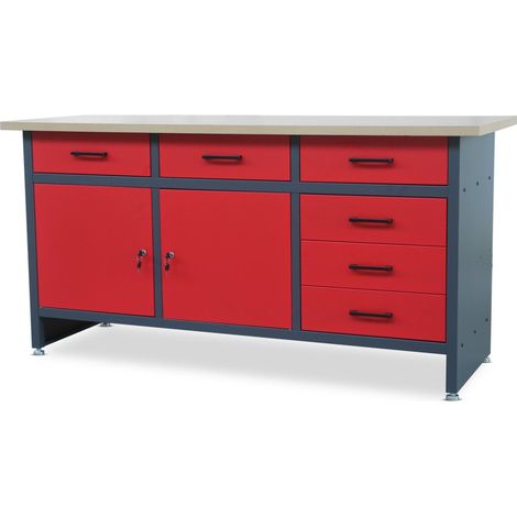 Werkbank mit Arbeitsplatte Werktisch mit 6 Schubladen 2 Schließfächer Verstellbare Füße MDF-Arbeitsplatte Belastbar bis 500 kg Metall 170 cm x 60 cm x 85 cm Anthrazit-Rot (1/5)