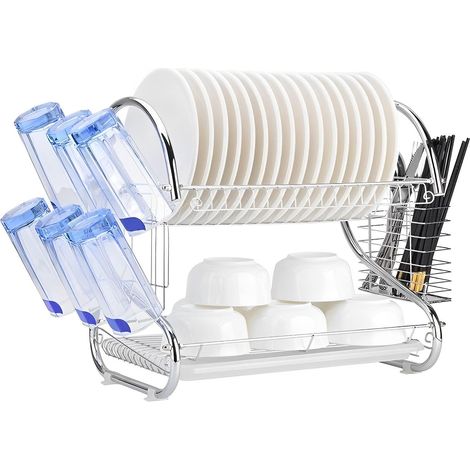 Dish Drying Rack, 2 Tier Dish Drainer Rack with Utensil Holder and Drip Tray, Stainless Steel Cutting Board Holder and Dish Dryer, Removable Plate Draning Rack with Cup Holder for Kitchen (1/5)