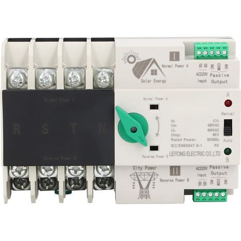Interrupteur de transfert automatique biphasé 4P 63A AC220V, commutateur rapide milliseconde entre panneaux solaires et réseau électrique (1/5)