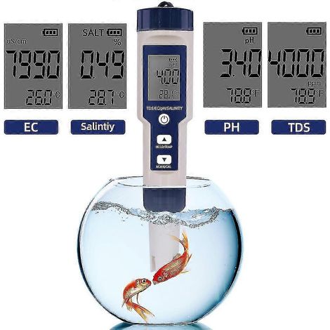pH-mètre électronique 5 en 1, mesure le pH, le TDS, la conductivité électrique, la salinité et la température de l'eau, écran LCD et précision de lecture. (1/5)
