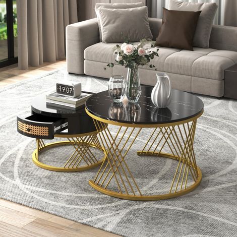 Lot de 2 Tables Basses Gigognes - 70x70x45.5cm et 50x50x38.5cm - Plateau Effet Marbre et Tiroir Rame Rotin - Noir et Doré (1/5)