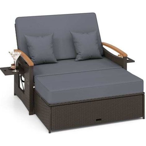 Salon de jardin gris en résine tressée avec banquette inclinable et pouf coffre 3-en-1 pour terrasse, patio et jardin (1/5)