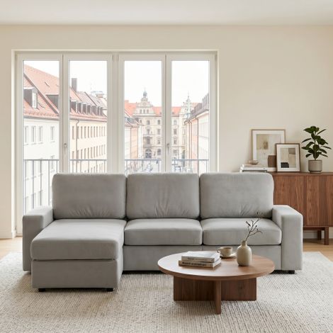 FX-P60EU-LG (SOFA 5180-37)-Ecksofa mit Stauraum, Wohnlandschaft, Couch mit Ottomane, Großes Sofa für Wohnzimmer, Modern, Komfort, Taschenfederkern, 245,5 cm