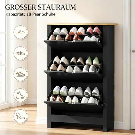 Armoire à chaussures 3 portes battantes, 2 compartiments, panneaux de particules, noir (1/5)