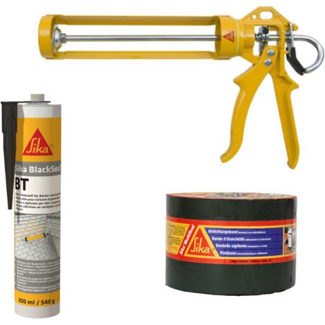 Kit SIKA rivestimento piastrelle Nastro sigillante bituminoso - Colla mastice nero 540g - Pistola manuale per cartucce