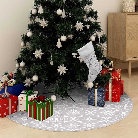 Jupe de sapin de Noël avec chaussette, tissu blanc, motif neige, Ø 90 cm - PANGIVO