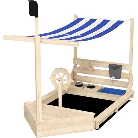 Bac à sable bateau pirate jardin 180 x 103 x 144.5 cm coffre rangement voile d'ombrage grand scandinave en bois naturel (1/5)
