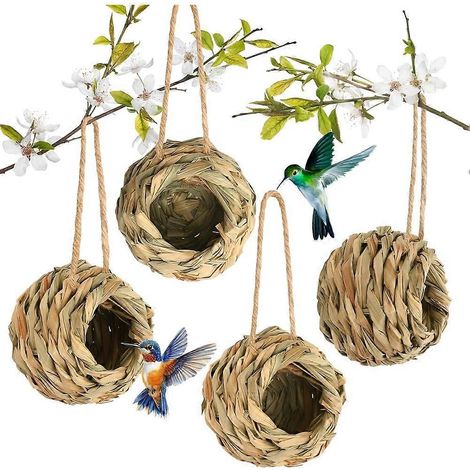 Lot de 4 nichoirs à colibris d'extérieur, nids naturels tissés à la main, à suspendre pour jardin, fenêtre, terrasse ou pelouse. (1/5)
